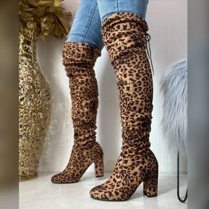 Brand New Leopard Over the Knee Block High Boots